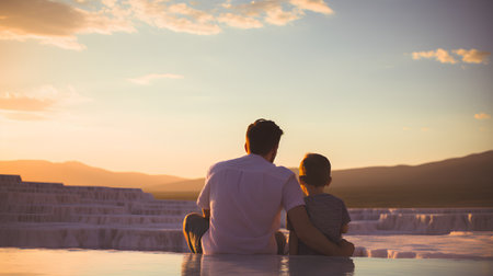 Mother and son watching sunset in Pamukkale. Turkey.の素材