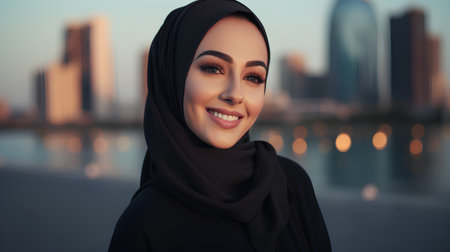 Portrait of beautiful young muslim woman in hijab on blurred city backgroundの素材