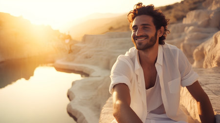 Handsome young man in white shirt smiling and looking at camera while sitting on the terrace of travertine pools at sunsetの素材