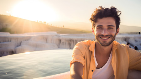 Young man taking selfie with waterfall in Pamukkale, Turkeyの素材