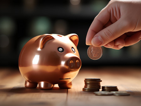 Hand putting coin into piggy bank on wooden table with blurred backgroundの素材