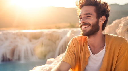 Handsome young man in casual clothes is smiling and looking away while standing near the travertine pools at sunsetの素材