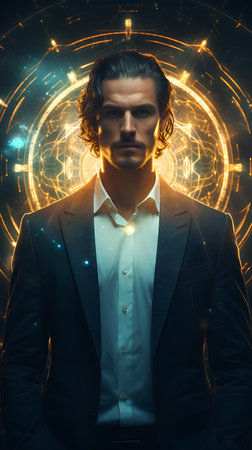 Portrait of a handsome young man in a suit on a futuristic background.の素材