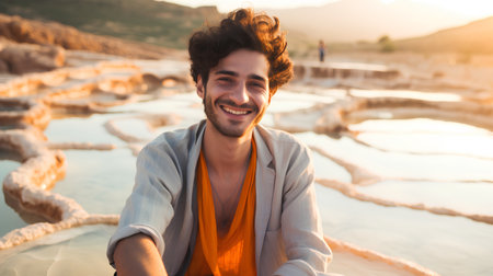 Portrait of a happy young man smiling and looking at the camera while sitting on the terraces of Pamukkale, Turkeyの素材