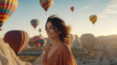 Young beautiful woman on the background of hot air balloons in Cappadociaの素材