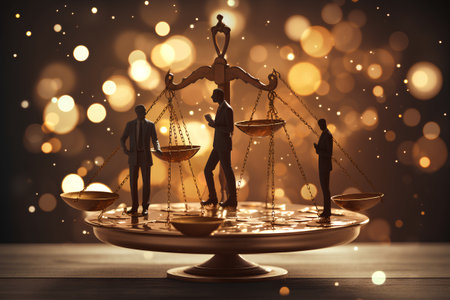 Miniature people standing on scales of justice. Law and justice concept.の素材