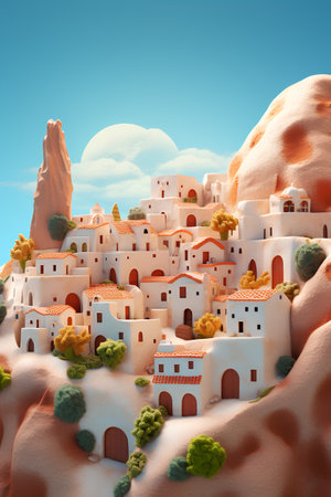 Fantasy landscape with a small town in the sand. 3d illustrationの素材