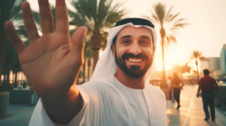 Arabic man walking in the city at sunset. Arab man wearing traditional clothes.の素材