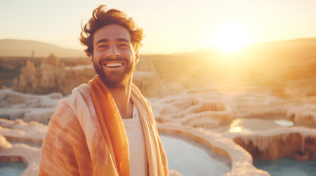Handsome young man in orange towel enjoying his vacation in Pamukkale, Turkeyの素材