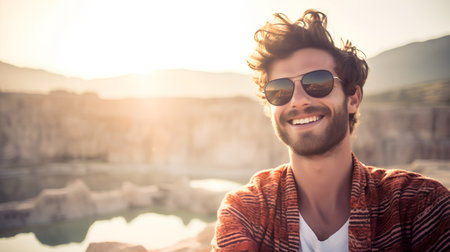 Handsome young man wearing sunglasses and smiling while standing on the beach at sunsetの素材