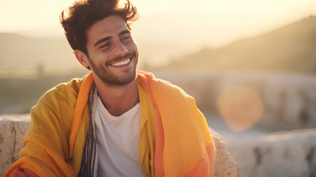 Portrait of a handsome young man smiling and looking at camera while sitting on a bench at sunsetの素材