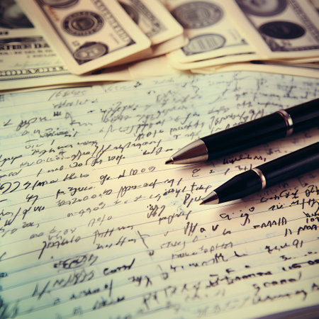 Closeup of pen and dollars on the background of a handwritten letterの素材