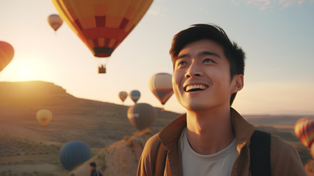 Young asian tourist man standing on the top of the mountain with hot air balloons in the background.の素材