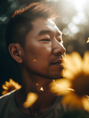 Portrait of a young handsome asian man with sunflowersの素材