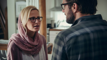 Beautiful young woman in glasses and a pink scarf is talking with her boyfriend at home.の素材