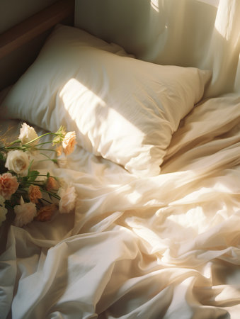 White linen bedding and bouquet of roses in the morning sunlight.の素材