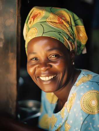 portrait of a beautiful young african woman smiling and looking at cameraの素材