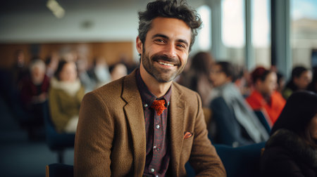 Portrait of a handsome man with a beard smiling in a conference hallの素材