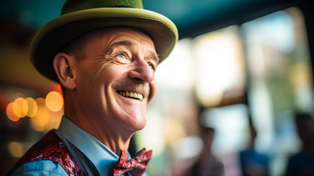 Smiling senior man with hat and bow tie in a pub.の素材