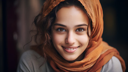 Closeup portrait of a beautiful young muslim woman wearing headscarfの素材
