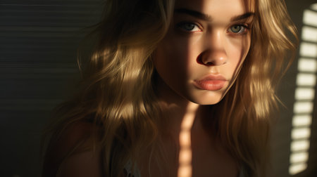 Portrait of a beautiful young woman with long blonde hair in the sunlight through the blindsの素材