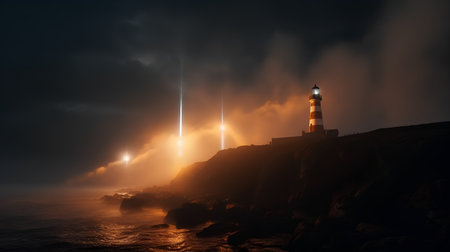 Lighthouse on the rocks in the sea at night, 3d renderの素材