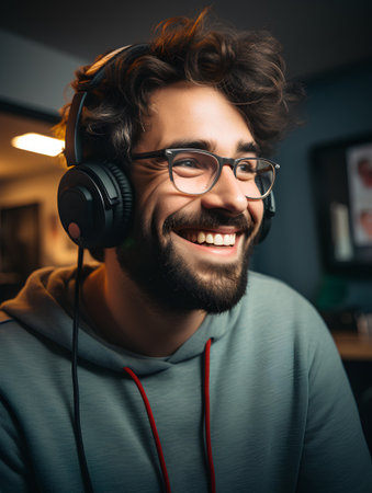 Portrait of a young man with headphones listening to music at homeの素材