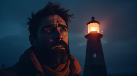 Portrait of a bearded man looking at the lighthouse at night.の素材