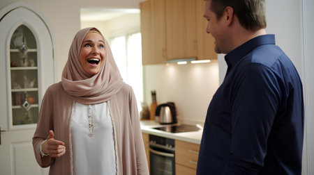 Hijab woman showing thumbs up and looking at husband in kitchenの素材