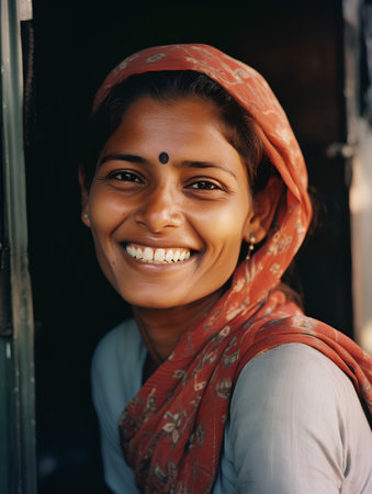 Portrait of a smiling Indian woman with red headscarf.の素材