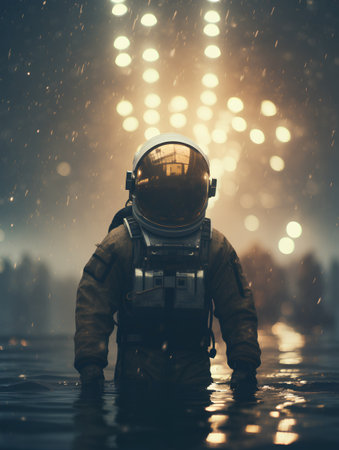 Astronaut in the rain on the background of the night city.の素材