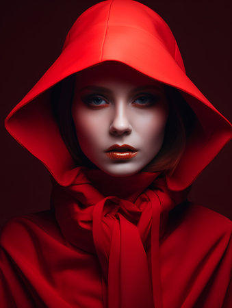 Portrait of a beautiful young woman in a red raincoat. Beauty, fashion.の素材