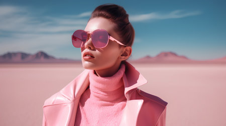 Fashion shot of a beautiful woman in pink coat and sunglasses in the desert.の素材