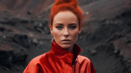 Fashion portrait of a beautiful redhead woman in a red raincoatの素材