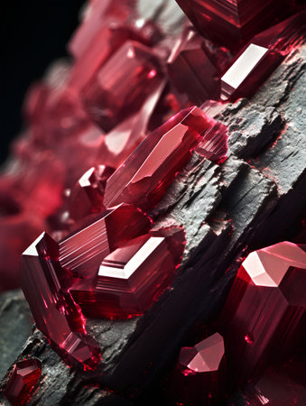 Red crystals of ruby on a black stone background. 3d renderingの素材