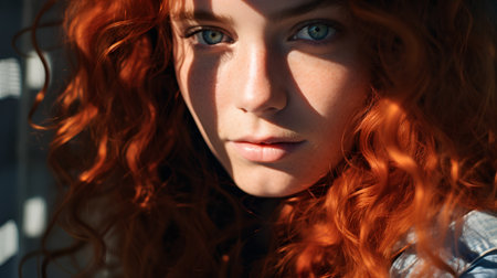 Close-up portrait of a beautiful young woman with red hair.の素材