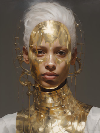 Art portrait of a beautiful woman with golden skin. 3d renderingの素材
