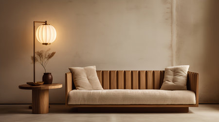 Interior of modern living room with brown sofa and lamp. 3d renderの素材