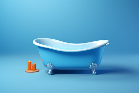 Blue bathtub with candle on blue background. 3d illustration.の素材