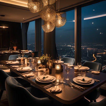 Luxury restaurant interior with a beautiful view of the city.の素材