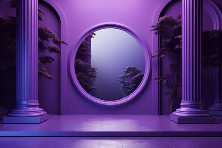 Purple wall with round mirror and columns. 3D rendering.の素材