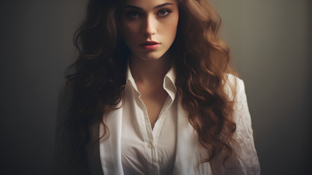 Beautiful young woman with long curly hair. Portrait of a beautiful young woman.の素材