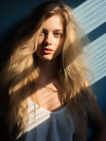 Portrait of a beautiful girl with long blond hair. Studio shot.の素材
