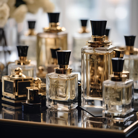 luxury perfume bottles on the table in a luxury parlour shopの素材