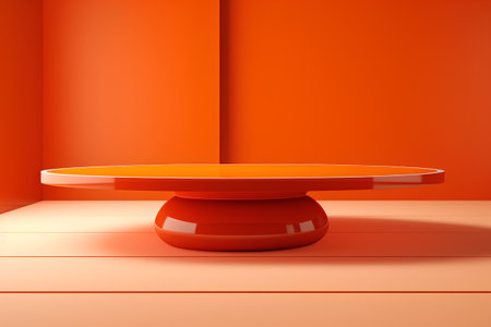 3d render of red round podium on orange background. Scene for product presentation.の素材