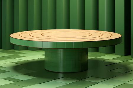 Round podium on green background. 3d render. Square platform.の素材