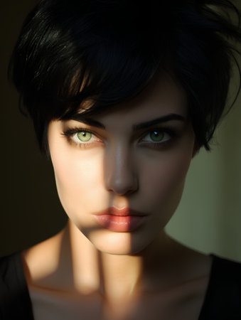 Portrait of a beautiful young woman with green eyes and black hairの素材