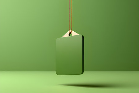 Blank price tag hanging on rope on green background. 3D renderingの素材