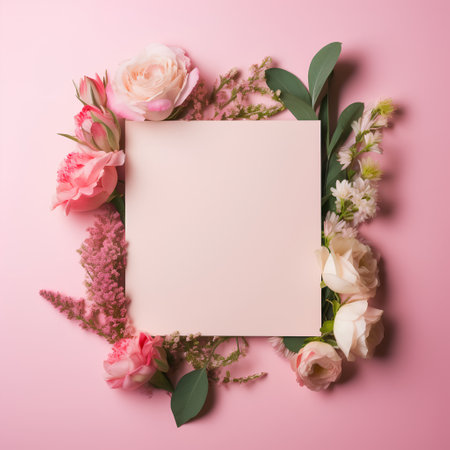 Flowers composition. Frame made of pink and white flowers on pink background. Flat lay, top view, copy spaceの素材