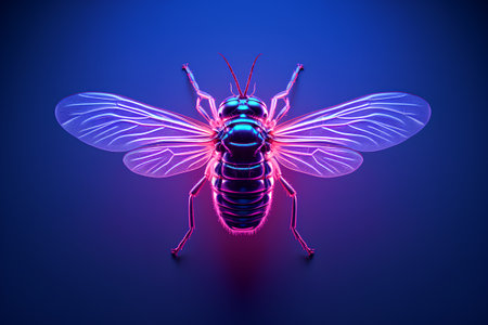 3d rendering of an insect in neon light on a blue backgroundの素材